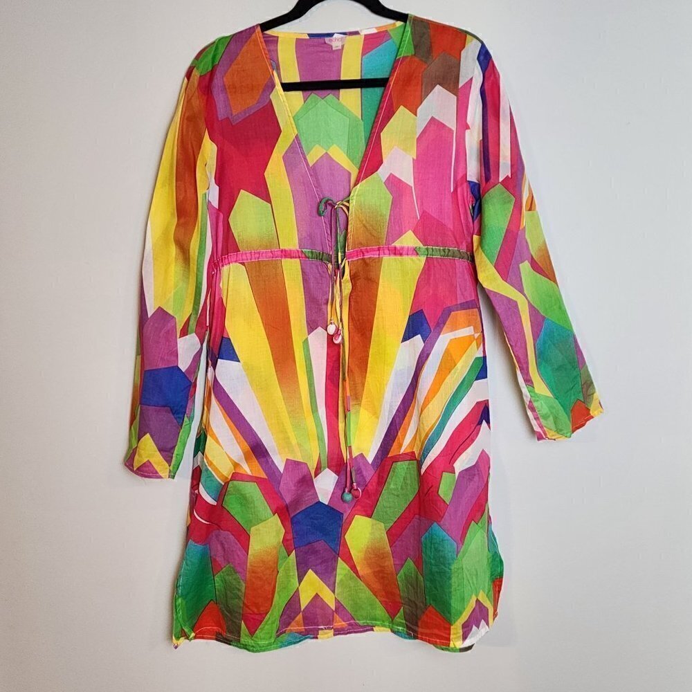 Echo size M colorful tunic swim coverup with tassels 100 % cotton